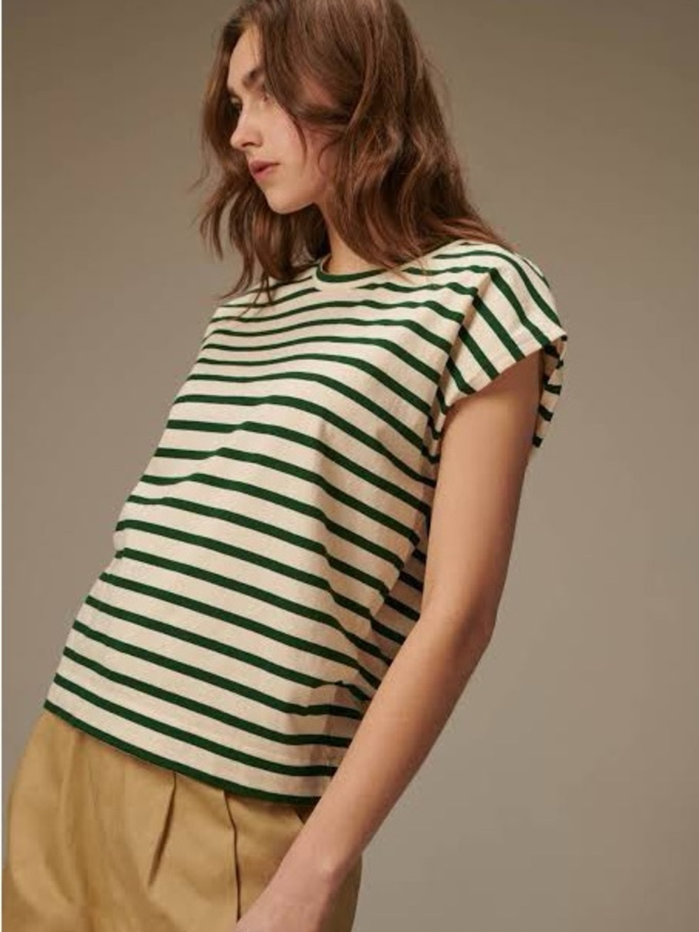Le Mont Saint Michel Theoxane Green Cream Striped Top Size M